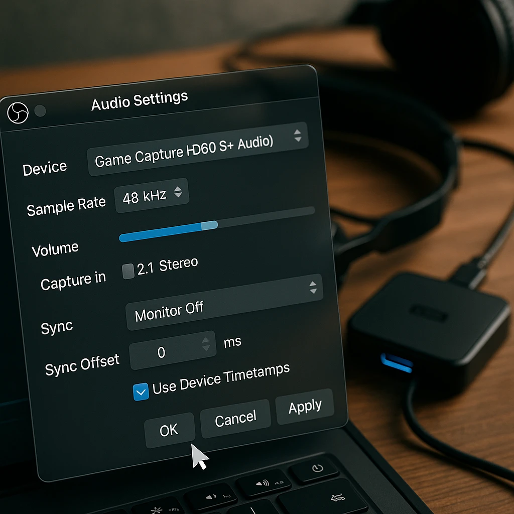 OBS Studio audio settings interface showing proper capture card audio configuration and sync options with detailed UI elements
