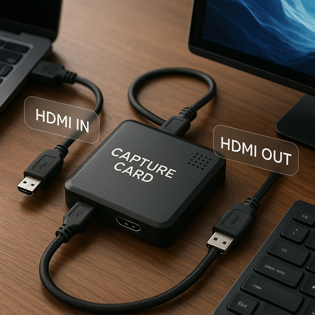 Complete capture card connection diagram showing all cables and ports with proper labeling for troubleshooting setup