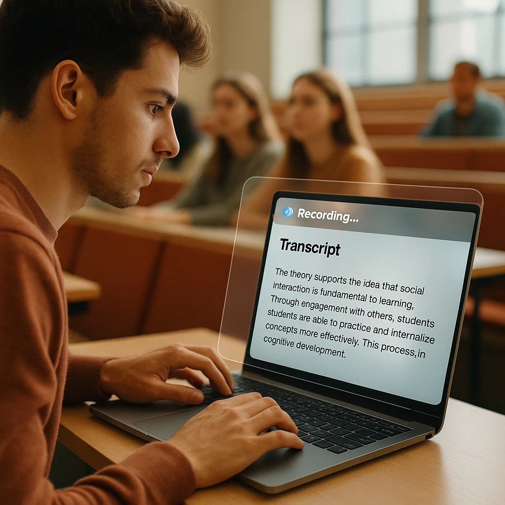 Student nimmt eine Universitätsvorlesung auf einem Laptop auf, während ein Live-Transkript auf dem Bildschirm erscheint