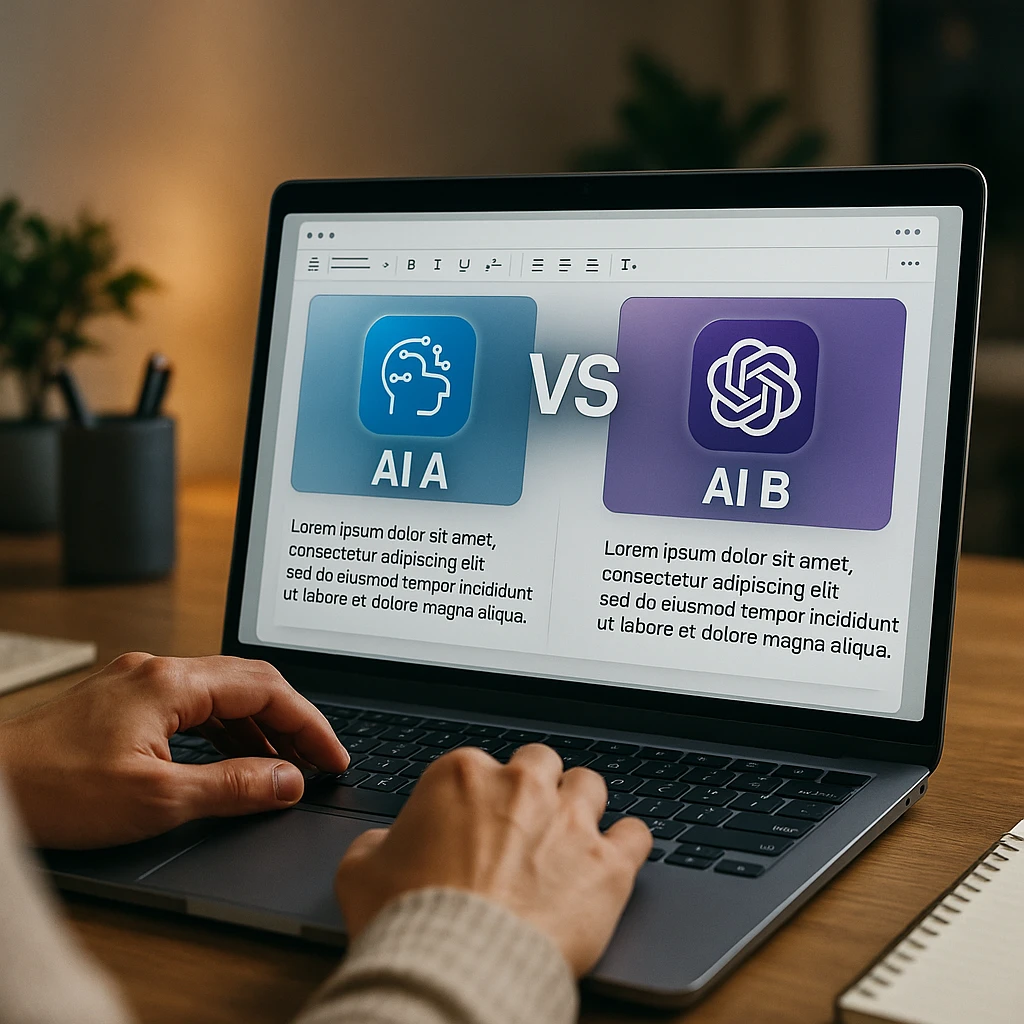 Modern AI comparison visualization showing two distinct AI assistants competing in a writing context