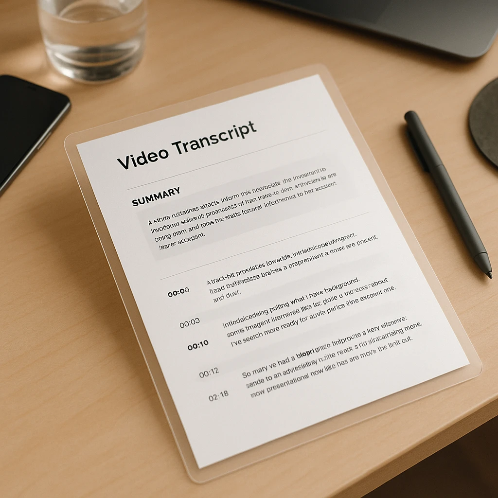 A formatted PDF export of a video transcript showing timestamps, a summary block, and section headings