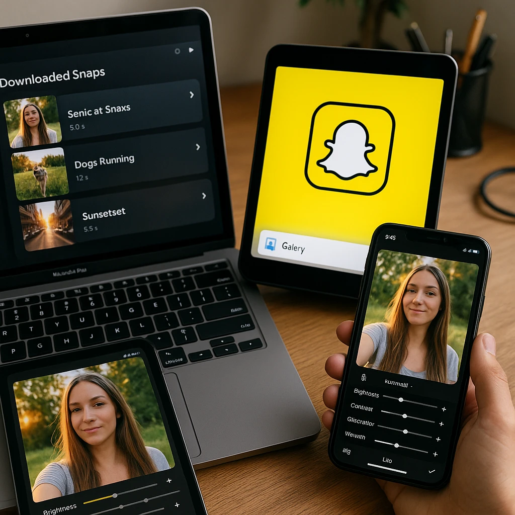 Digital workspace showing multiple devices with downloaded Snapchat content and editing tools