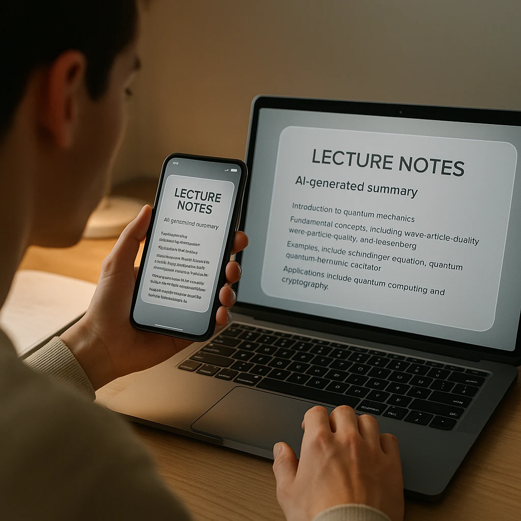 Student in einem Hörsaal, der KI-transkribierte Notizen auf einem Laptop macht