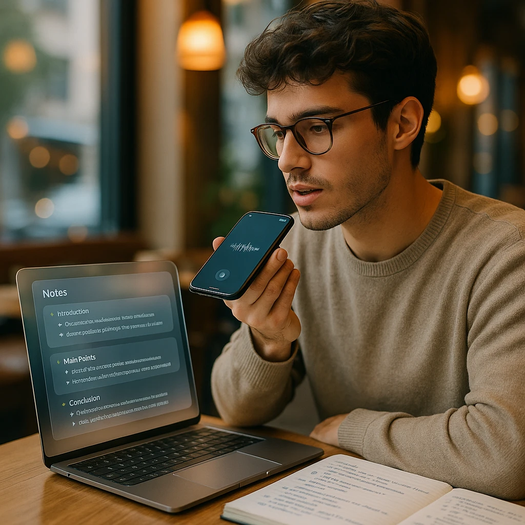 Student capturing a voice note on a phone while organized notes appear on a laptop