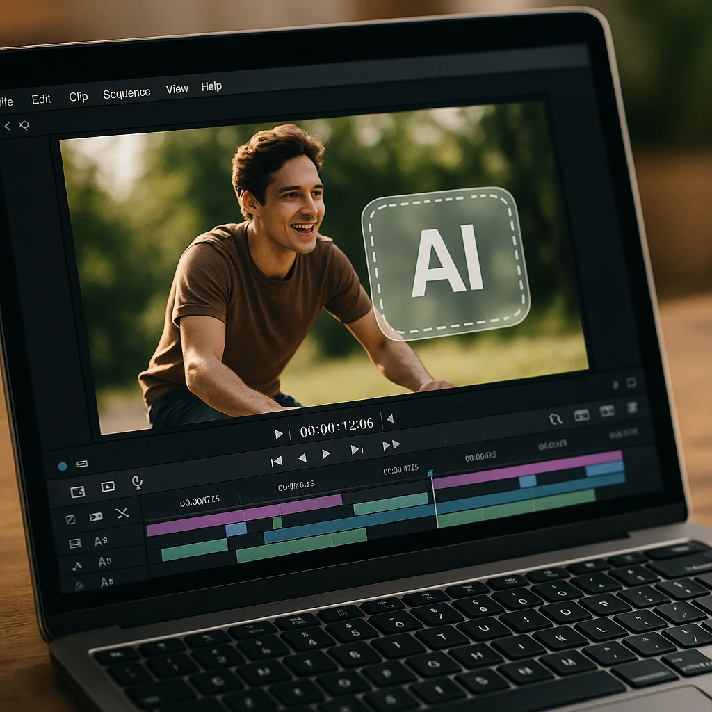 A video editing timeline showing an AI-generated clip with a small corner watermark badge selected under a soft mask, ready for removal