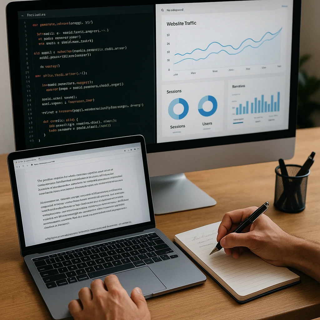 Professional split-screen showing coding interface, creative writing tools, and real-time data analytics dashboards