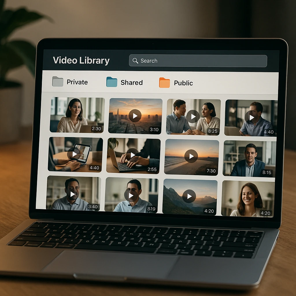 Ein übersichtliches Video-Bibliotheks-Dashboard mit Ordnern namens Privat, Geteilt und Öffentlich, Videominiaturen und einer Suchleiste