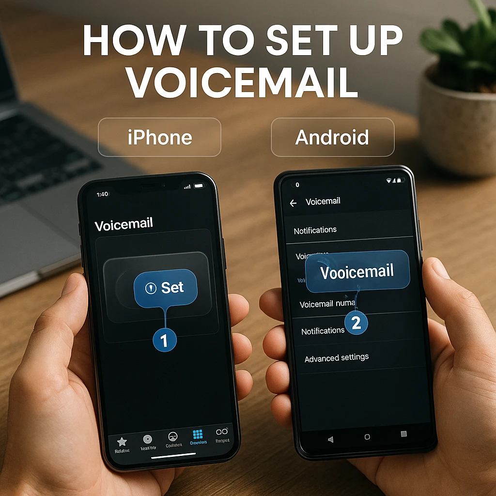 Voicemail setup process showing steps for both iPhone and Android devices