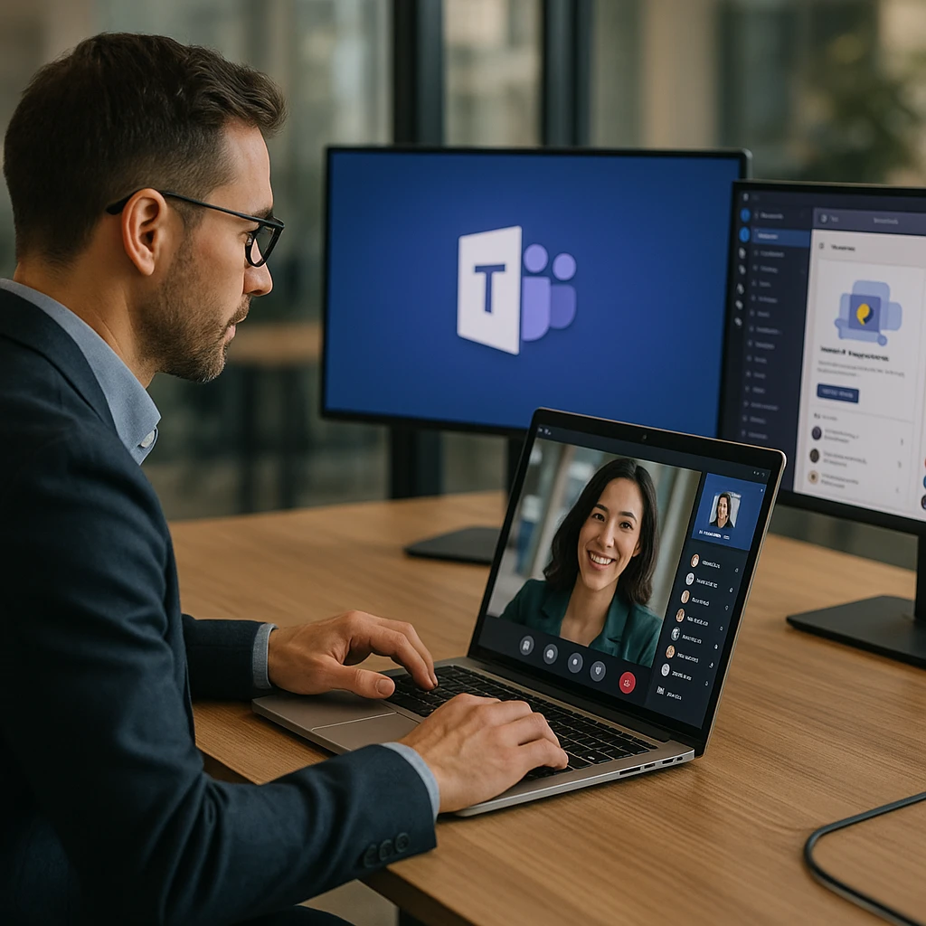 Professional person joining a Microsoft Teams meeting on their laptop in a modern office with multiple screens showing the Teams interface
