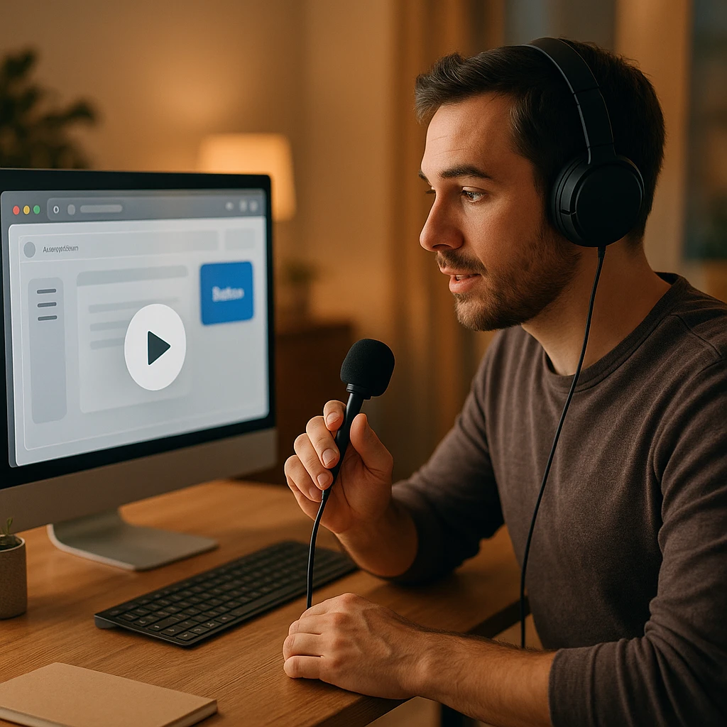 Person wearing headphones narrating a browser screen recording with a microphone