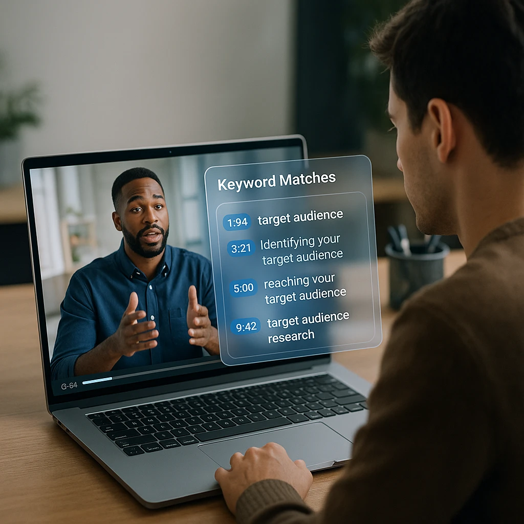 Person watching video on laptop with search results overlay showing keyword matches and clickable timestamps