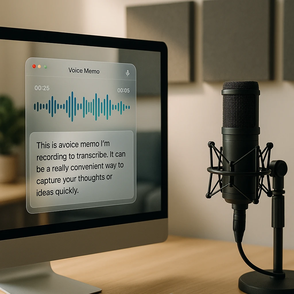 Professional home office recording setup with acoustic treatment, high-quality condenser microphone on stand, sound dampening panels, clean minimal aesthetic