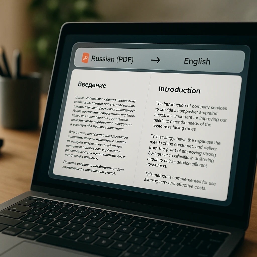 Modern interface showing Russian PDF document being translated to English with side-by-side comparison and formatting preserved