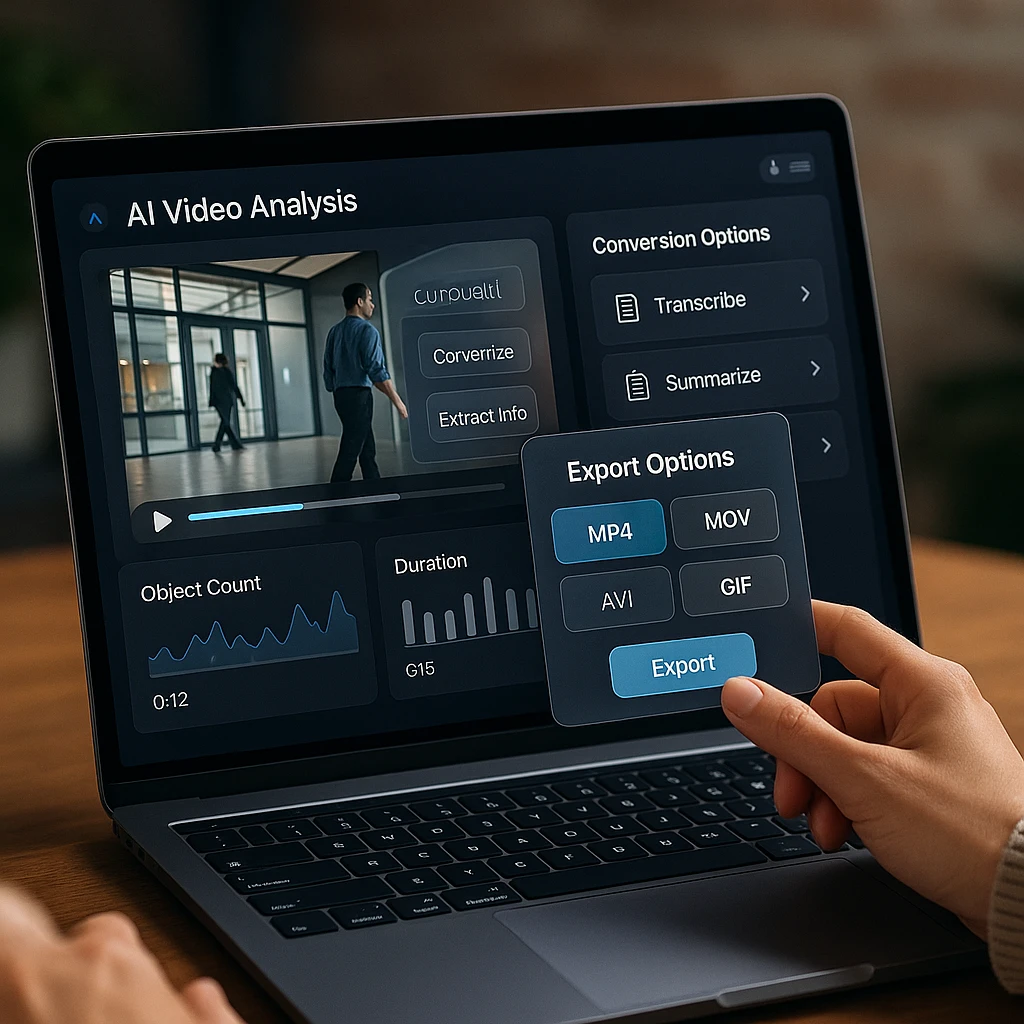 Modern AI video analysis dashboard showing multiple conversion options and export formats