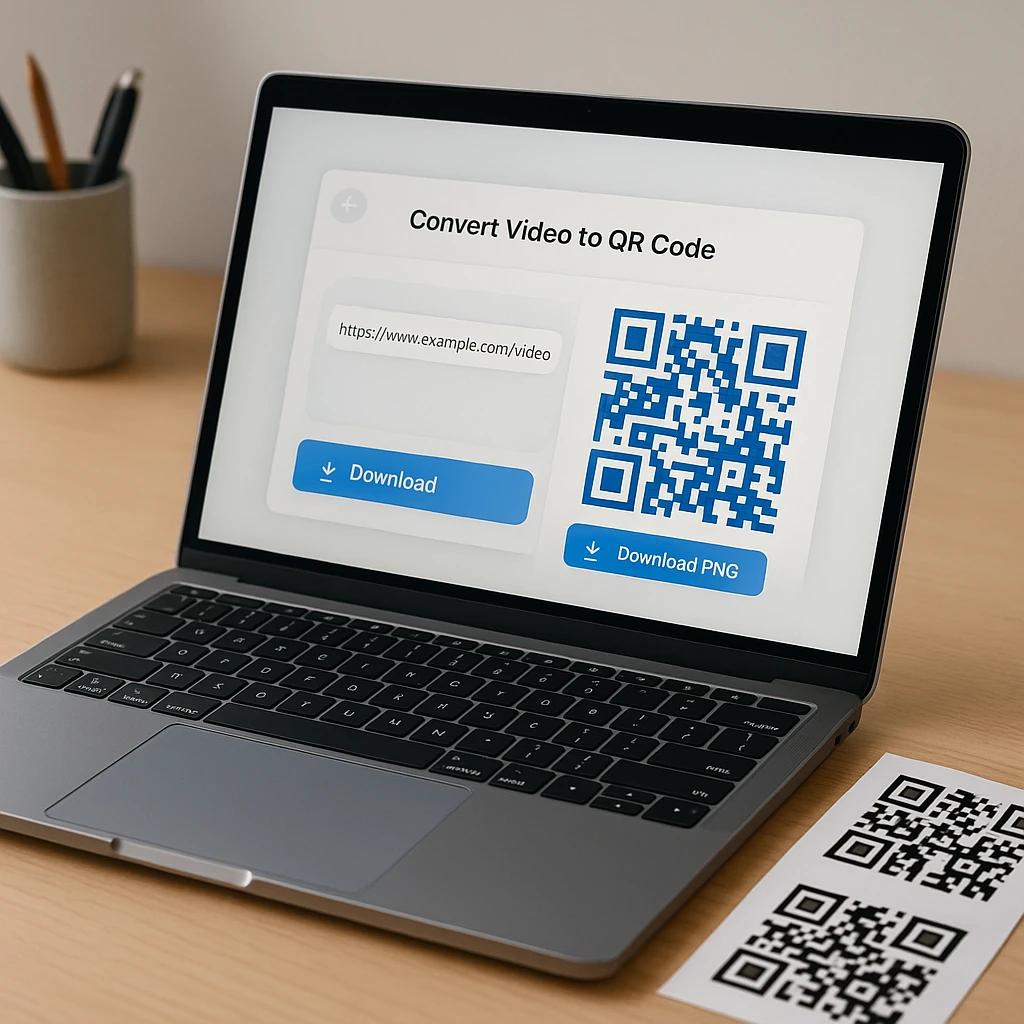 Converting a video link into a QR code with printed samples on the desk
