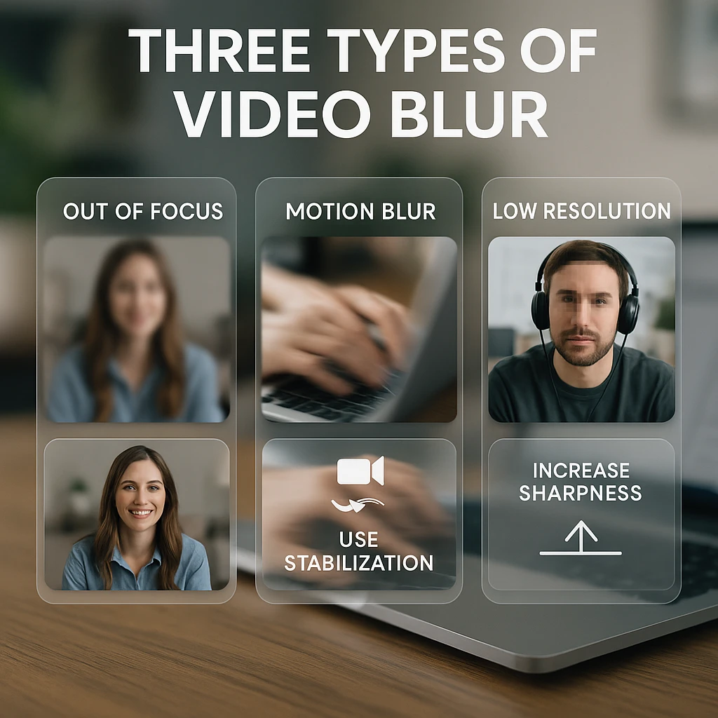 Three types of video blur: out of focus, motion blur, low resolution
