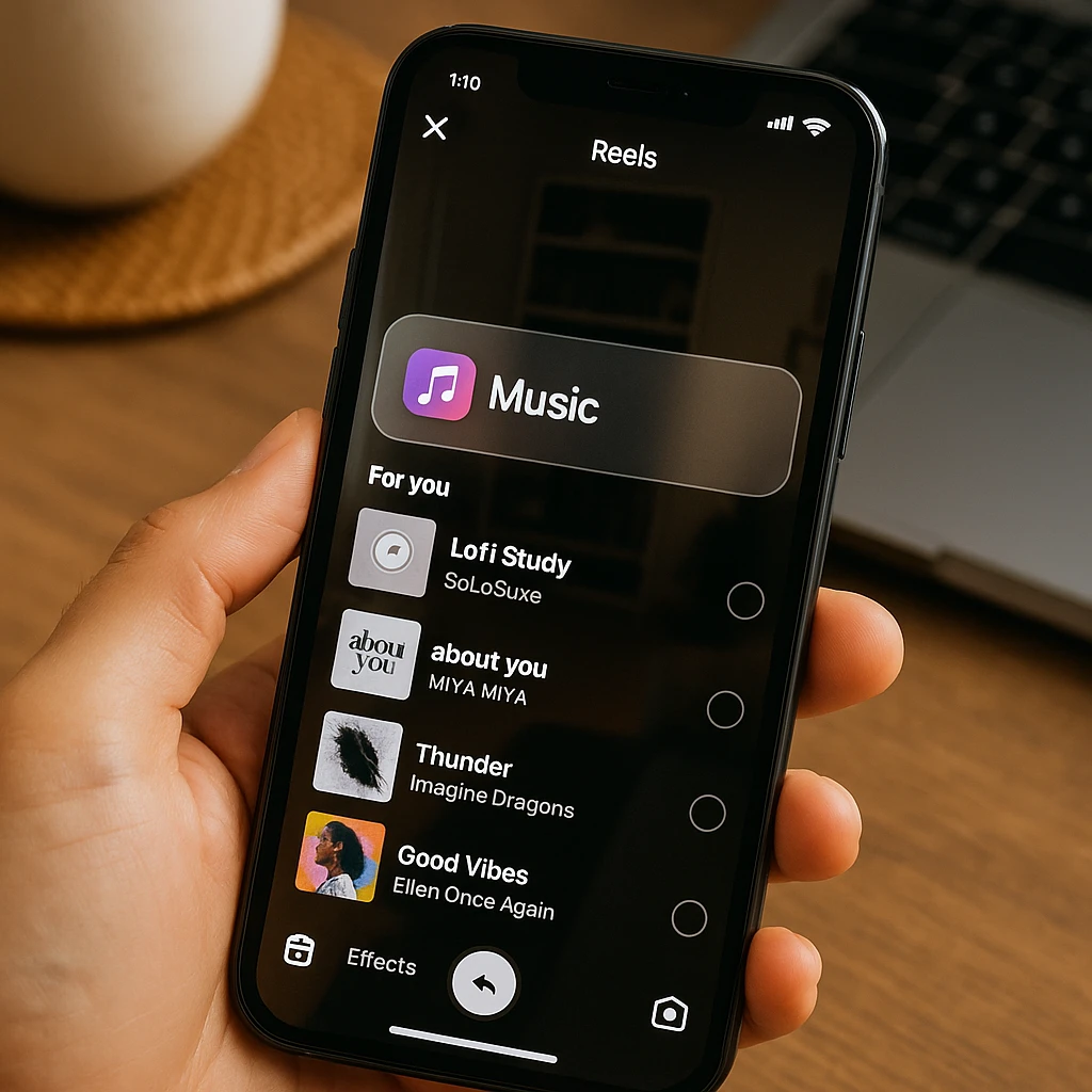 Photorealistic smartphone showing Instagram Reels composer with music sticker overlay and licensed tracks selection interface