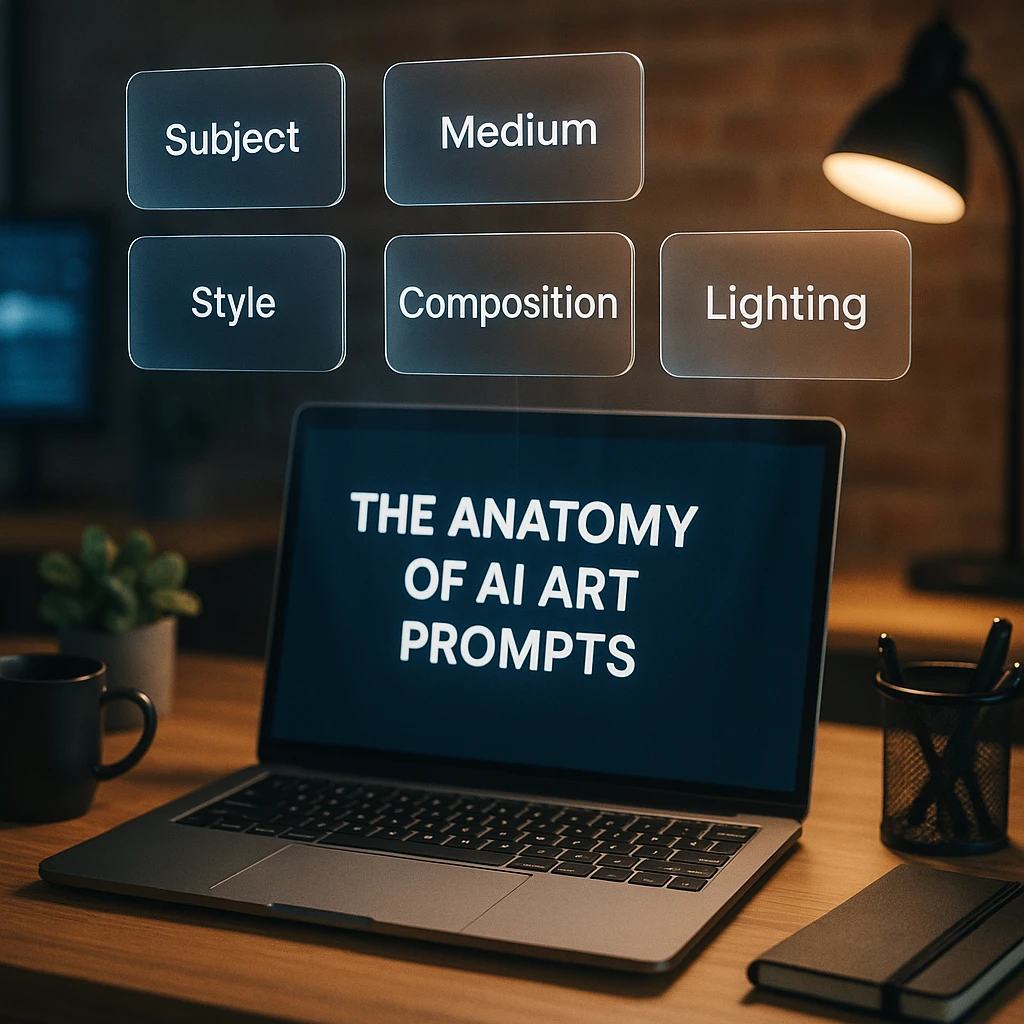 A visual representation of the key components of a great AI art prompt: Subject, Medium, Style, Composition, and Lighting