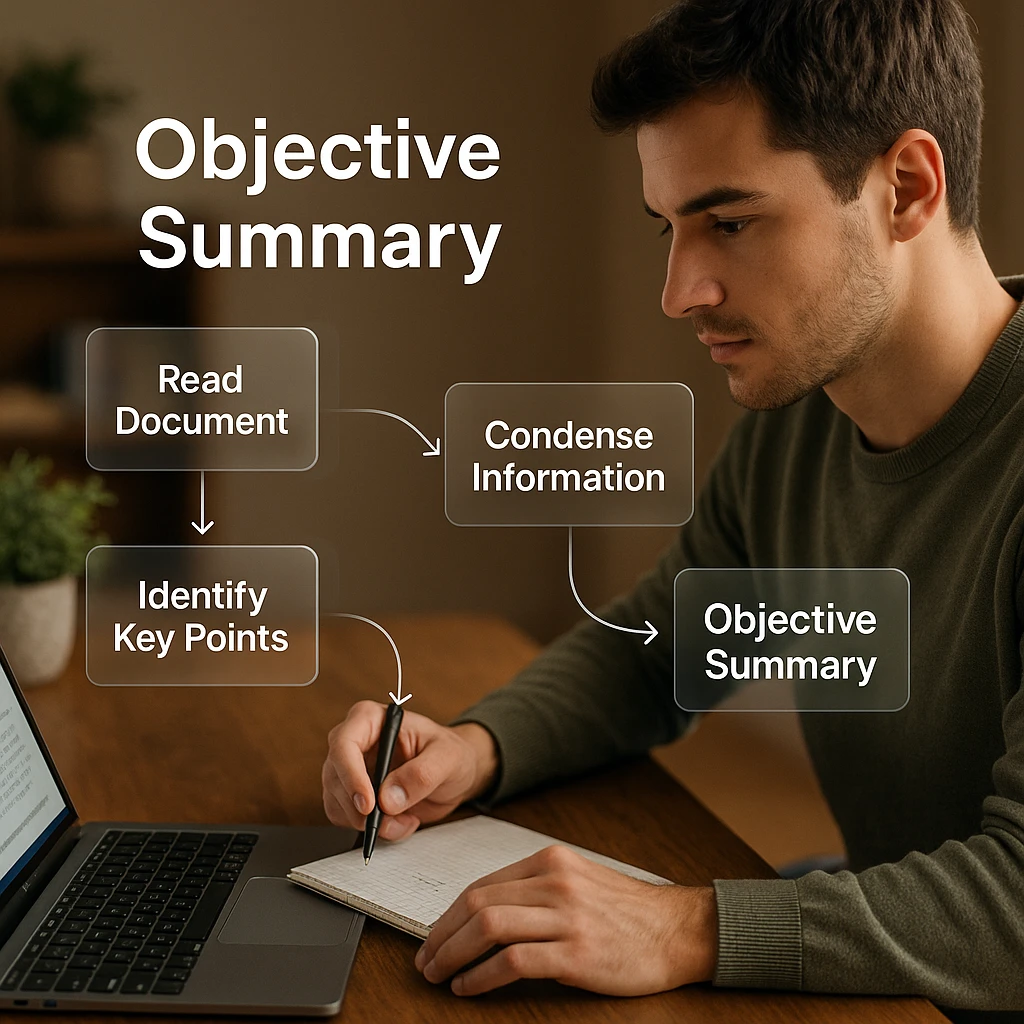 Step-by-step process diagram showing objective summary creation