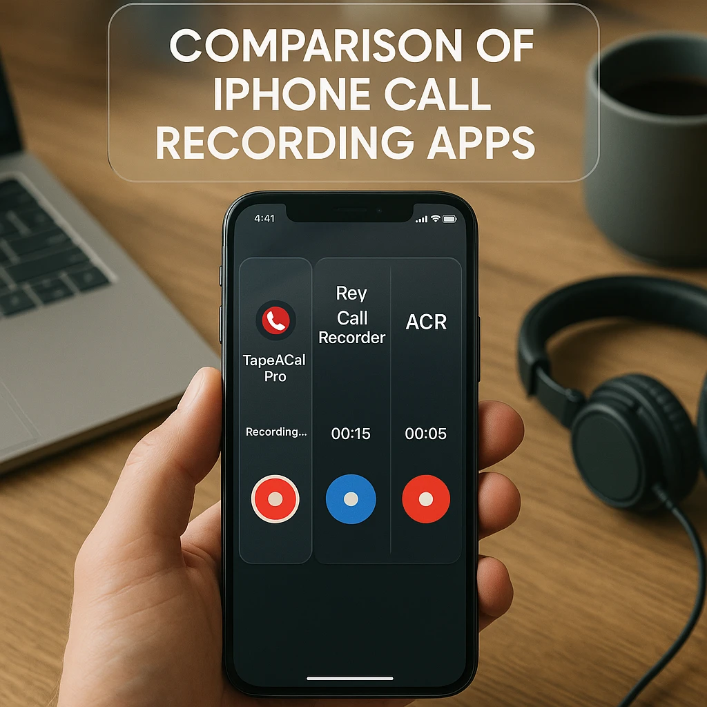 Comparison of iPhone call recording apps TapeACall Pro Rev Call Recorder ACR interfaces