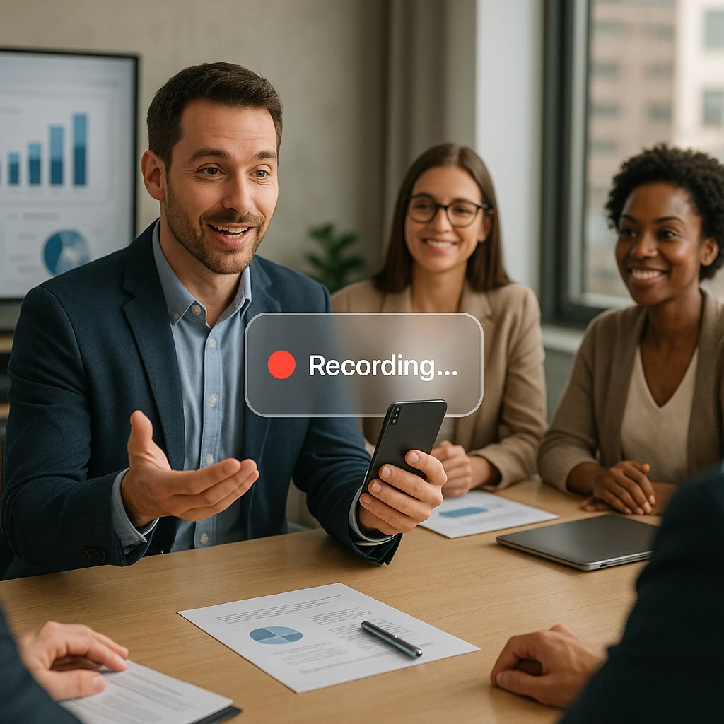 Professional business meeting scene showing person clearly announcing recording with visible consent from all participants - natural office lighting with modern technology setup