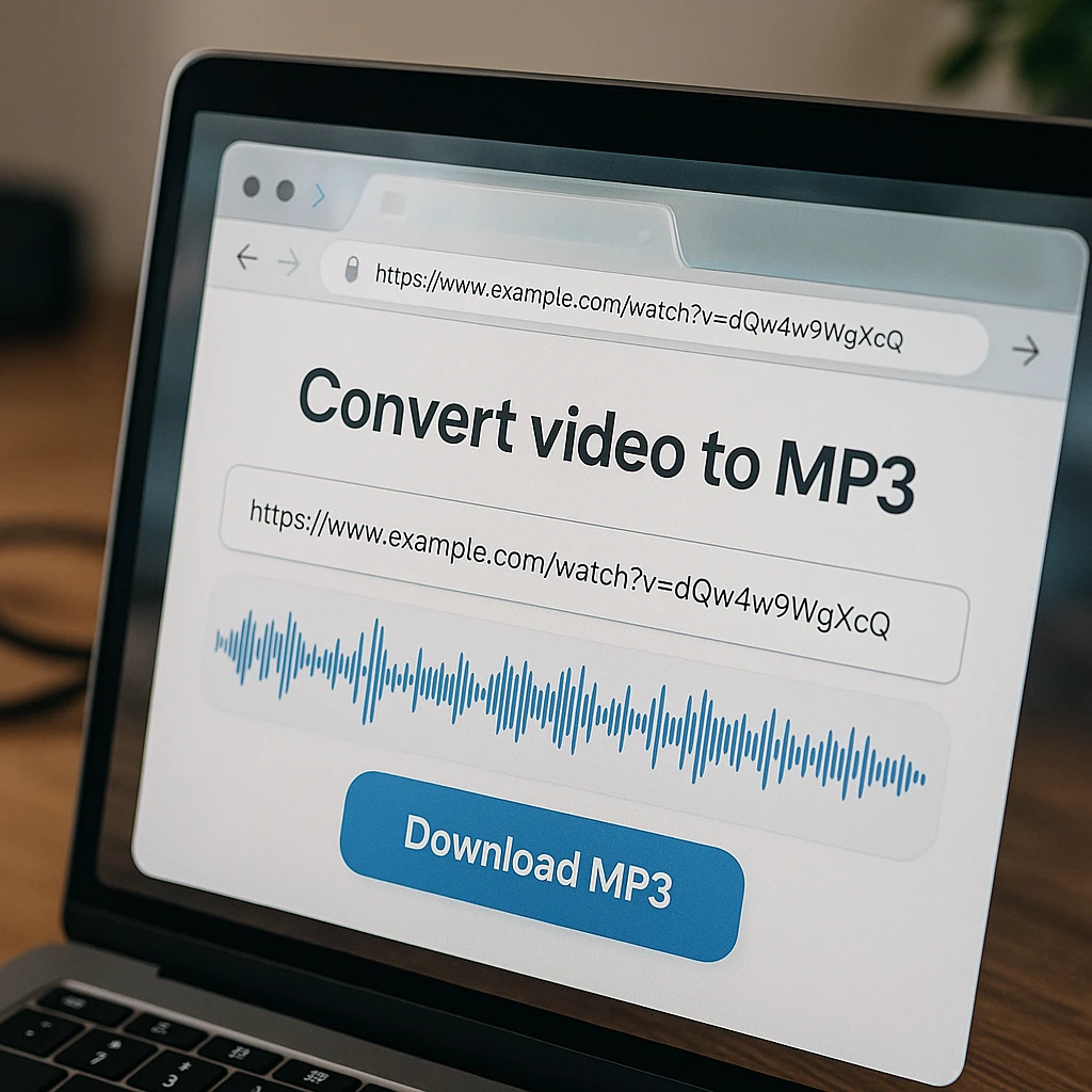 浏览器窗口显示视频 URL 粘贴到链接到 MP3 转换器中，带有音频波形和下载按钮
