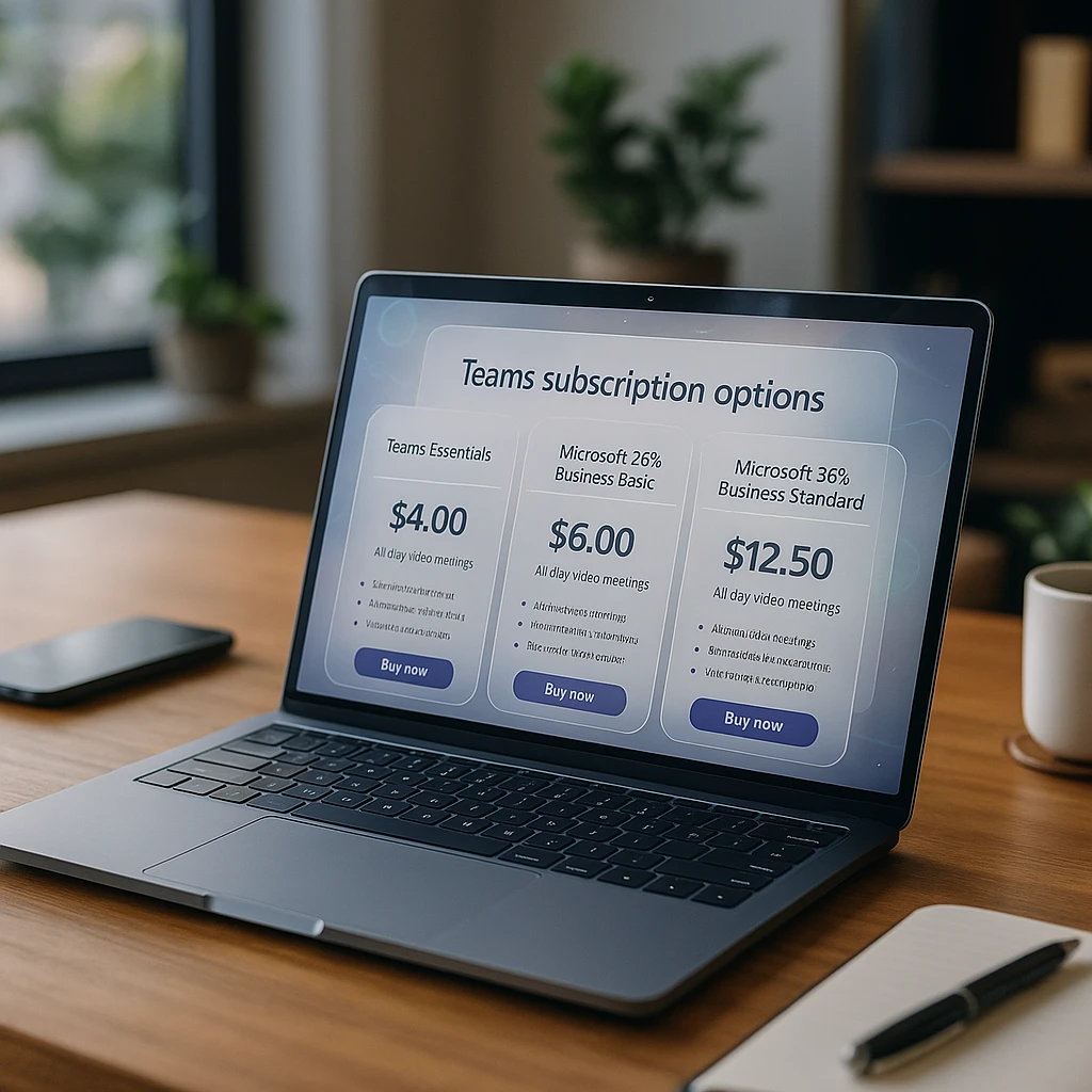Professional workspace with laptop displaying Teams subscription options and pricing table