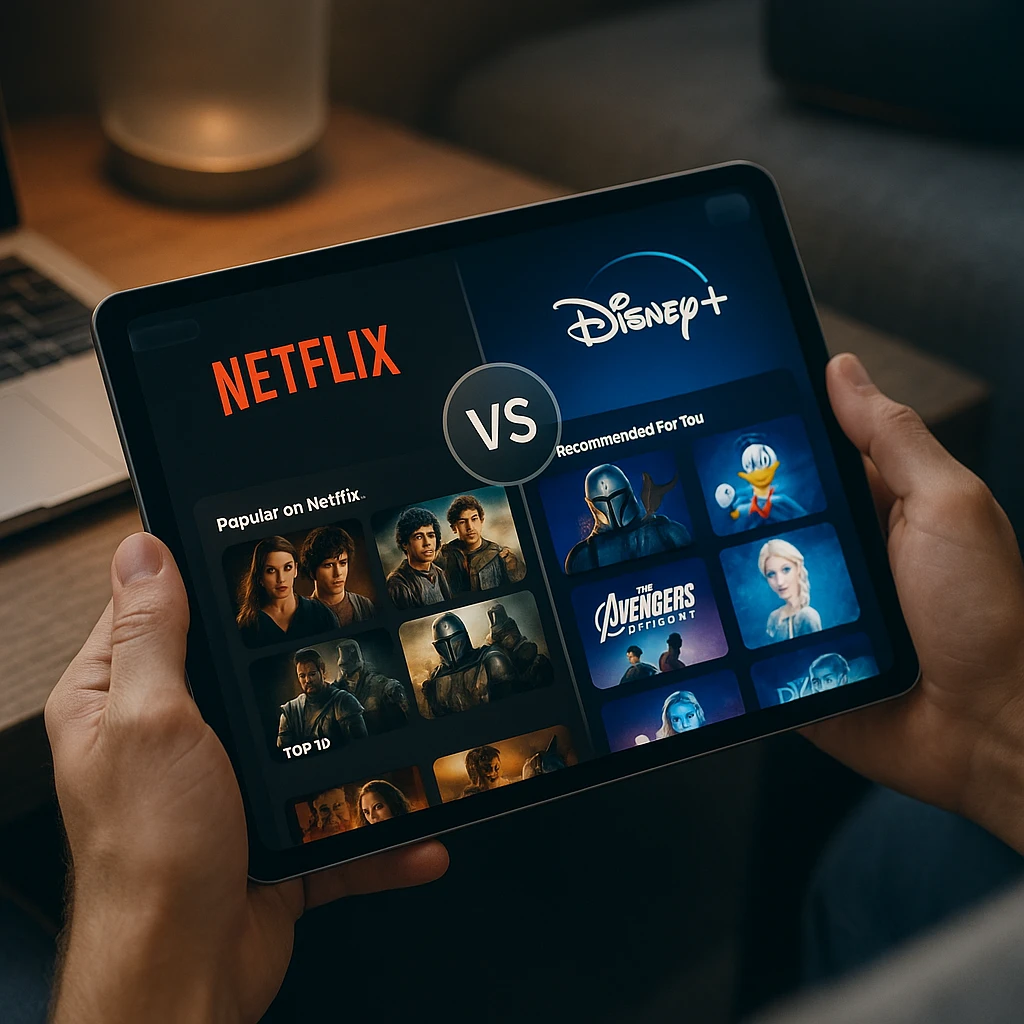 Comparison of streaming service interfaces on tablet showing Netflix, Prime Video, and Disney+ home screens