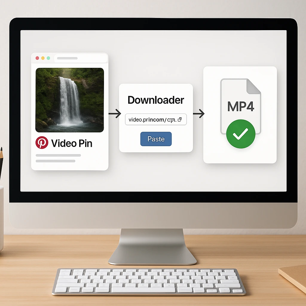 El proceso de tres pasos para descargar un video de Pinterest: copiar el enlace del pin, pegarlo en un descargador y guardar el archivo MP4