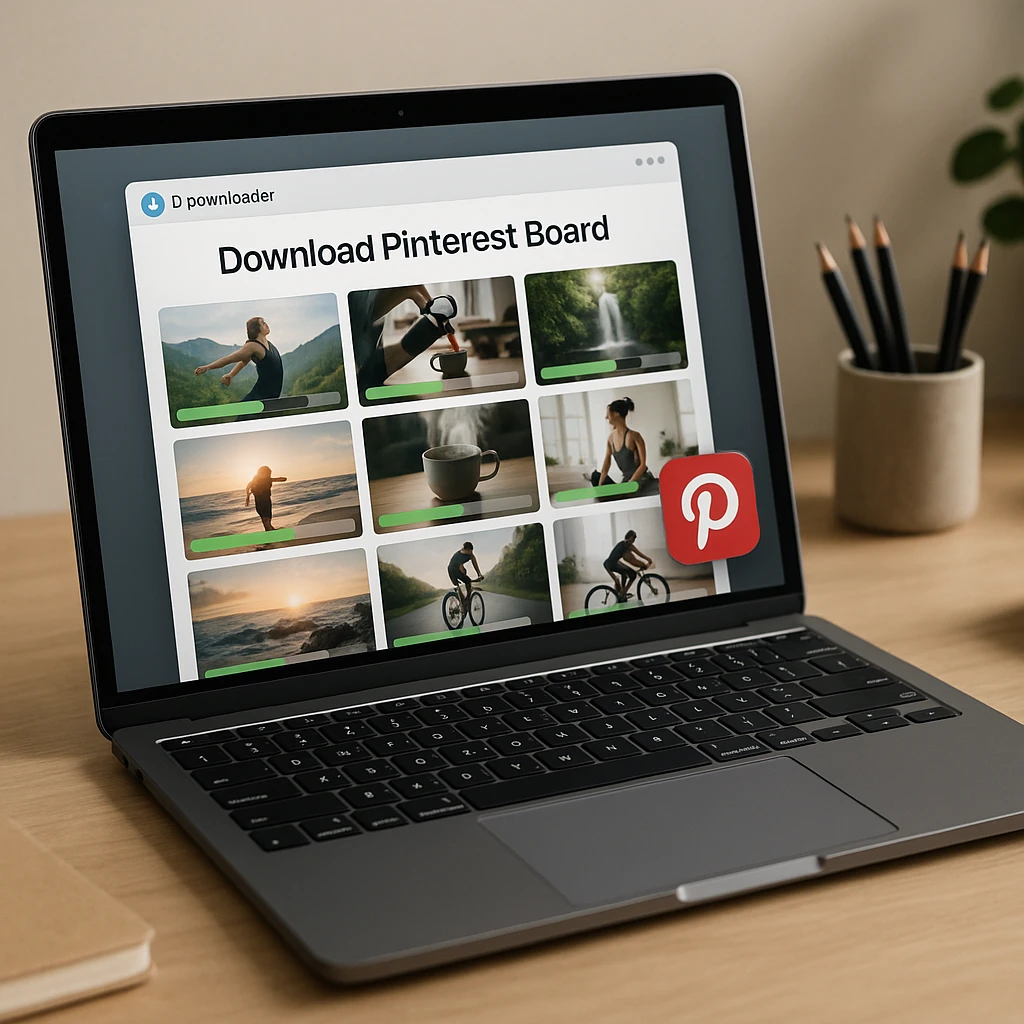 Una app de escritorio descargando por lotes un tablero completo de Pinterest, con una cuadrícula de miniaturas de video que muestran su propia barra de progreso