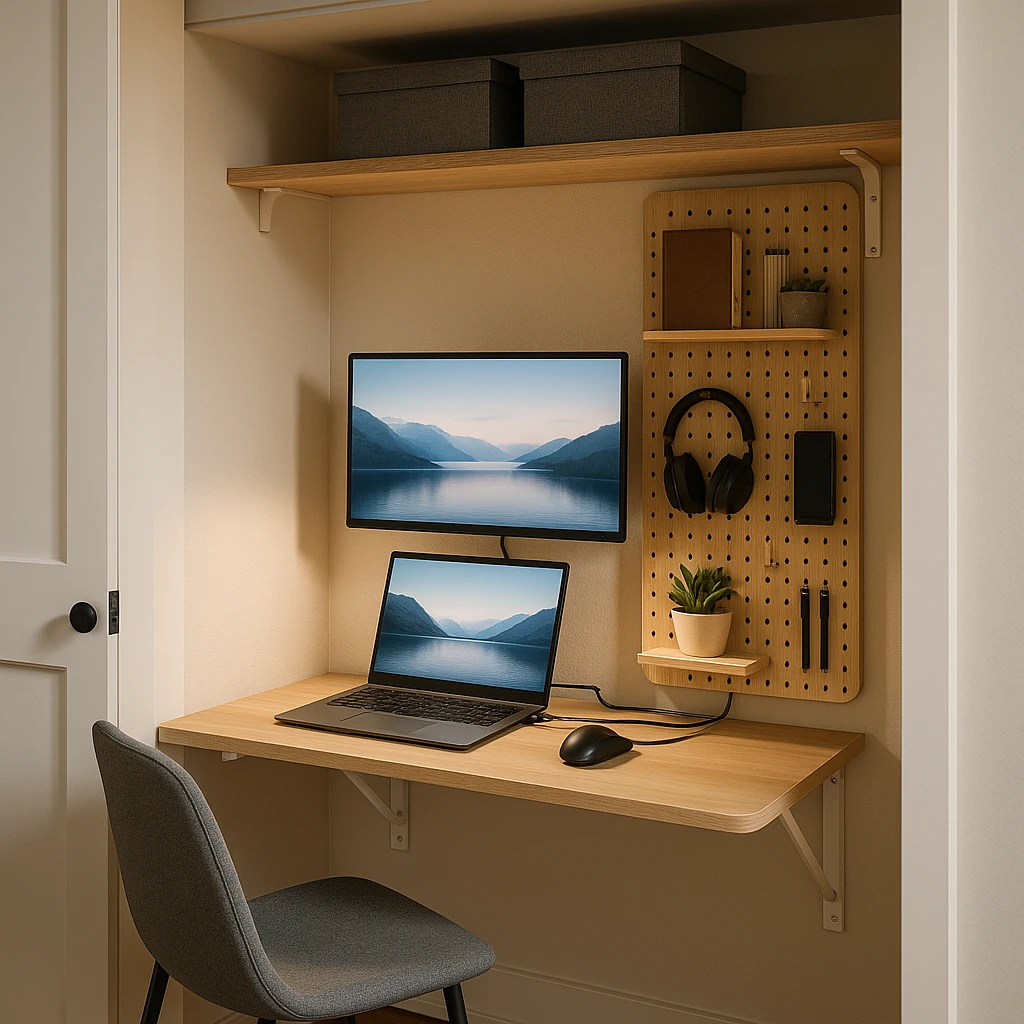 Compact apartment home office in closet with fold-down desk, vertical pegboard storage, portable monitor setup, and efficient cable management in minimal space