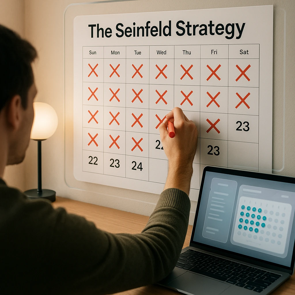 Person marking X on large wall calendar with red marker showing consistent daily habit tracking using the Seinfeld Strategy method