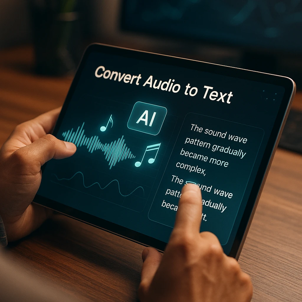 Modern AI interface showing audio waveforms being converted to text with musical notes and digital visualization