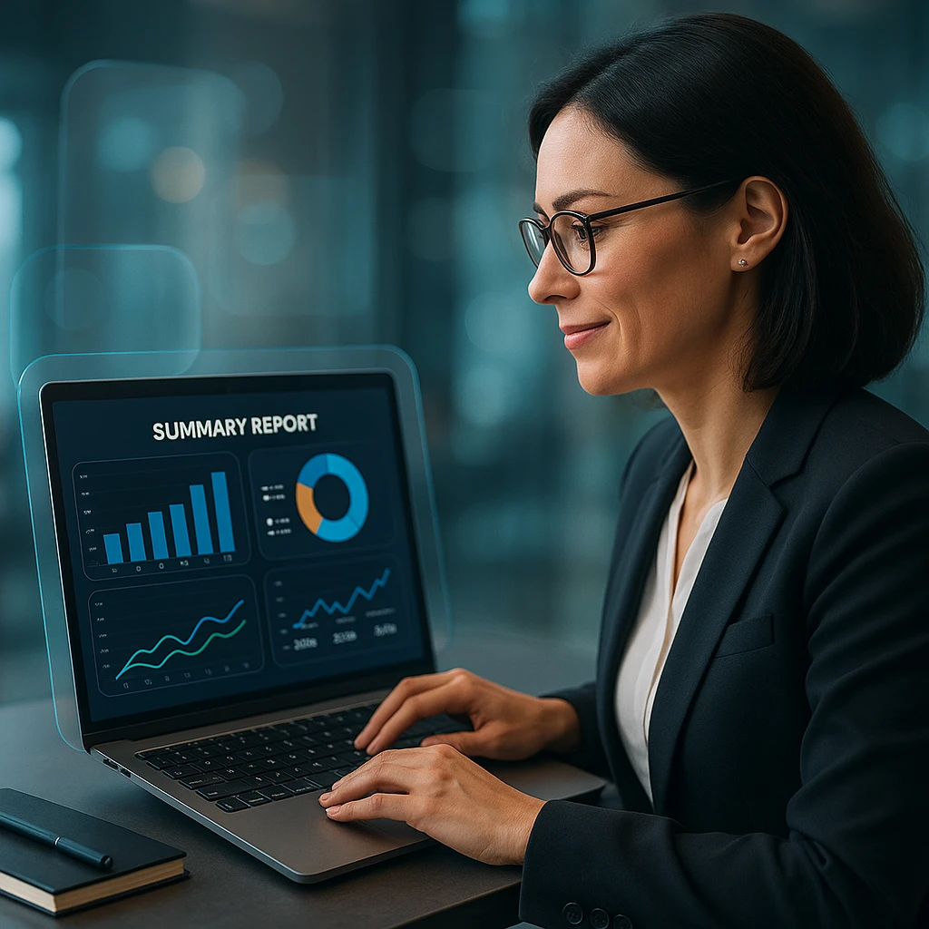 Professional businesswoman creating a summary report on laptop with charts and data visualizations displayed on screen
