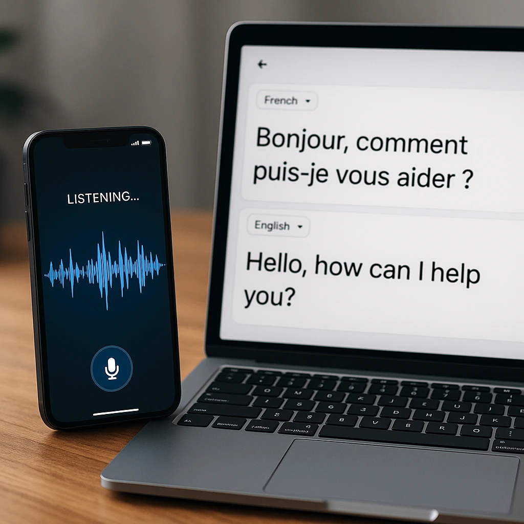 Ein Telefon und ein Laptop übersetzen gesprochenes Audio zwischen zwei Sprachen, mit einer Audio-Wellenform und übersetztem Text nebeneinander