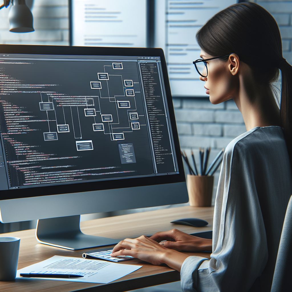 Software engineer working with UML sequence diagrams and class diagrams on computer screen