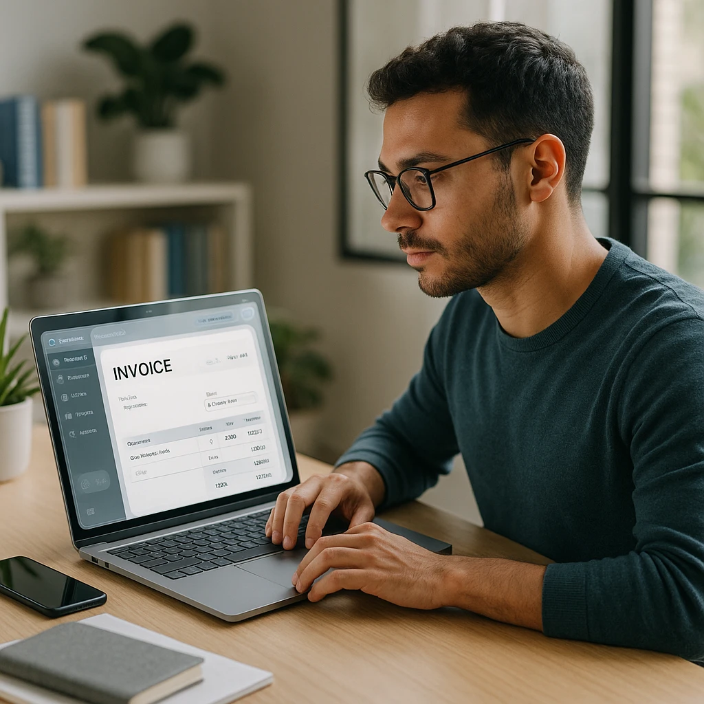 Professional freelancer working on invoicing with modern accounting software interface on laptop in clean office environment