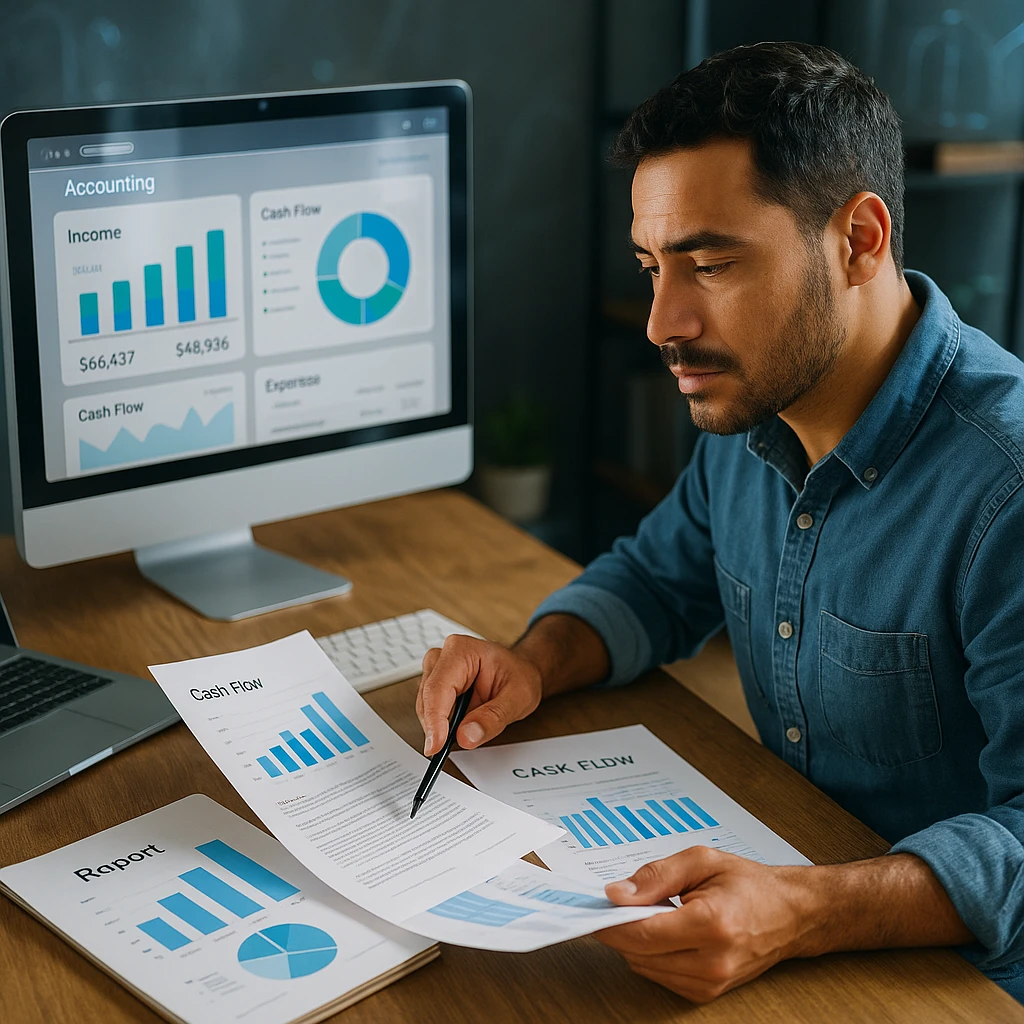 Small business owner analyzing financial reports and cash flow charts with accounting software dashboard visible on computer screen