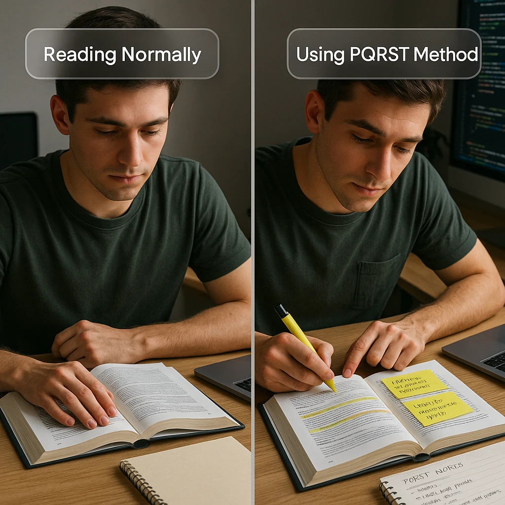 Split-screen showing a student reading textbook normally vs using PQRST method with highlighted sections, sticky notes with questions, and organized summary notes
