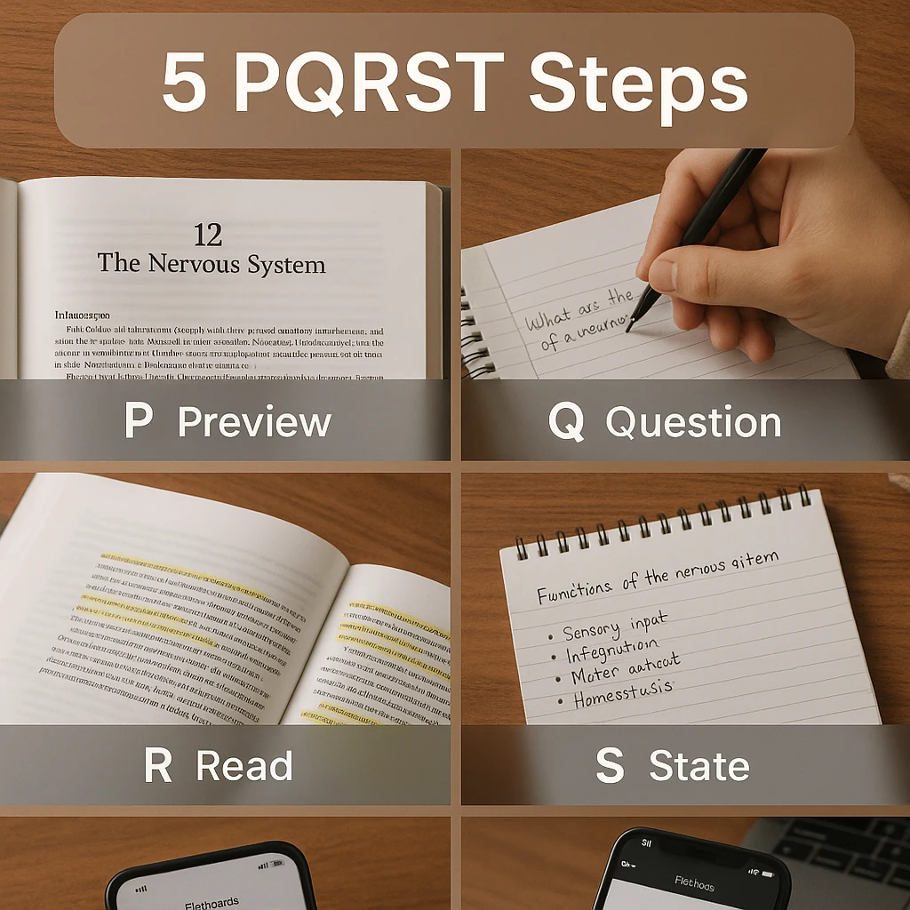 Infographic showing the 5 PQRST steps with actual textbook examples - Preview showing chapter headings, Question showing student writing questions, Read showing highlighting, State showing summary notes, Test showing flashcards