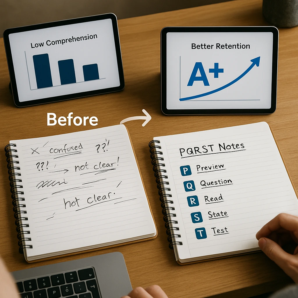 Before and after comparison of student study results - messy notes and poor comprehension vs organized PQRST notes with improved test scores and retention graphs