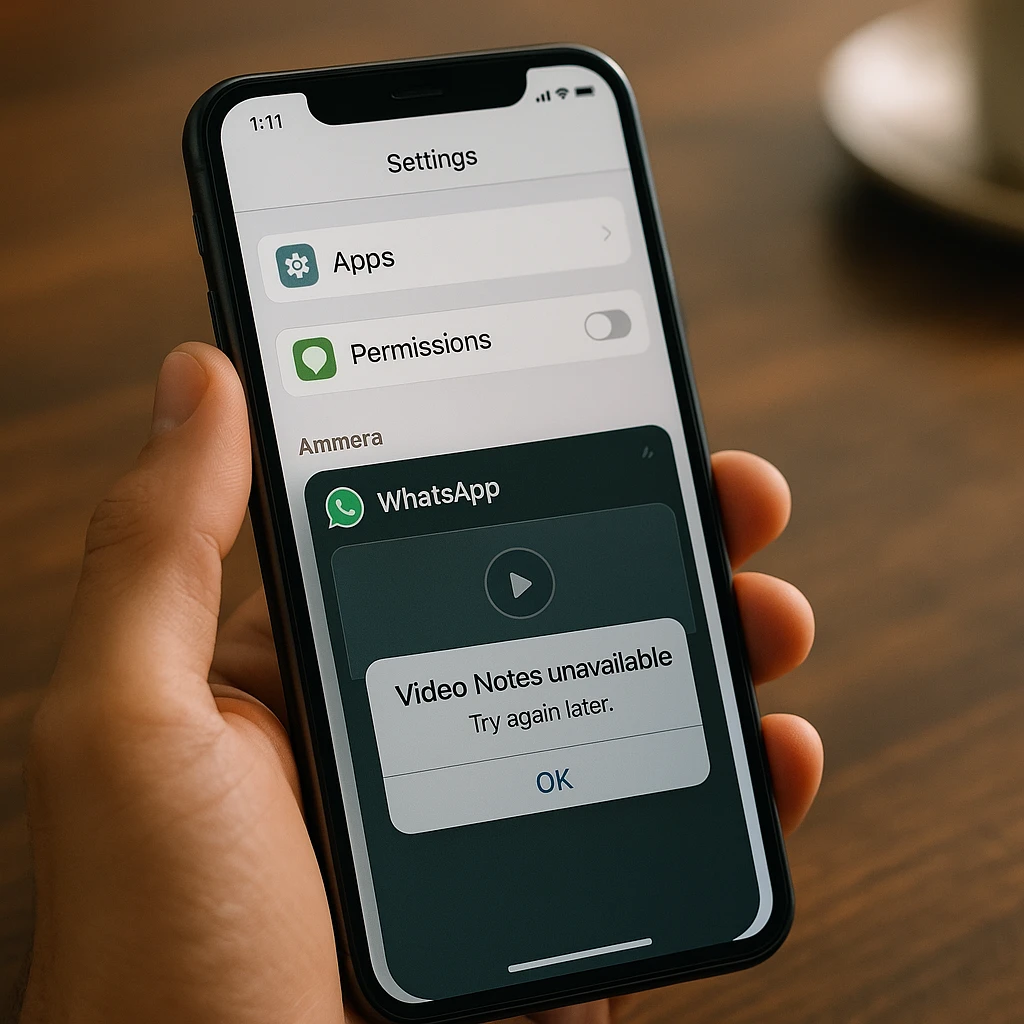 Troubleshooting WhatsApp video notes on mobile devices, showing settings interface and common error messages, modern smartphone UI
