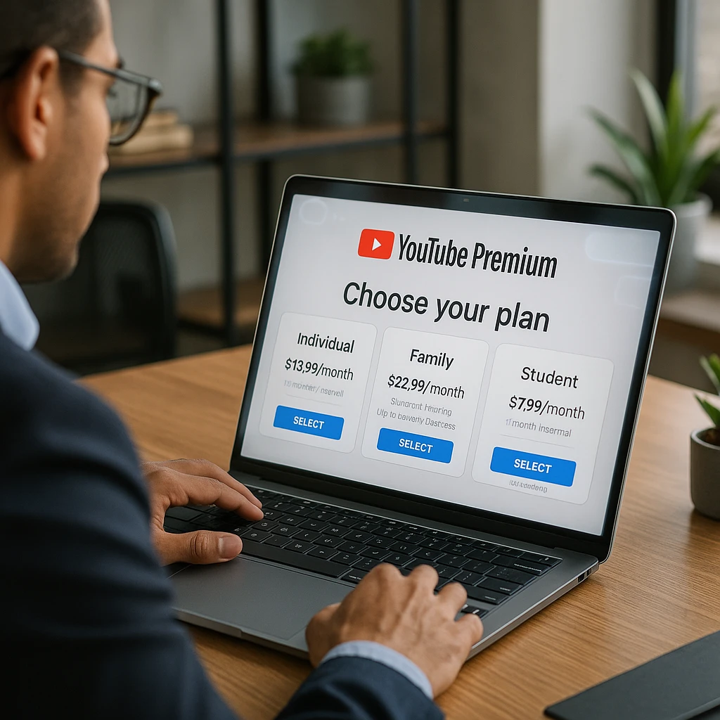 Professional person comparing YouTube Premium subscription plans on laptop screen with pricing tiers visible
