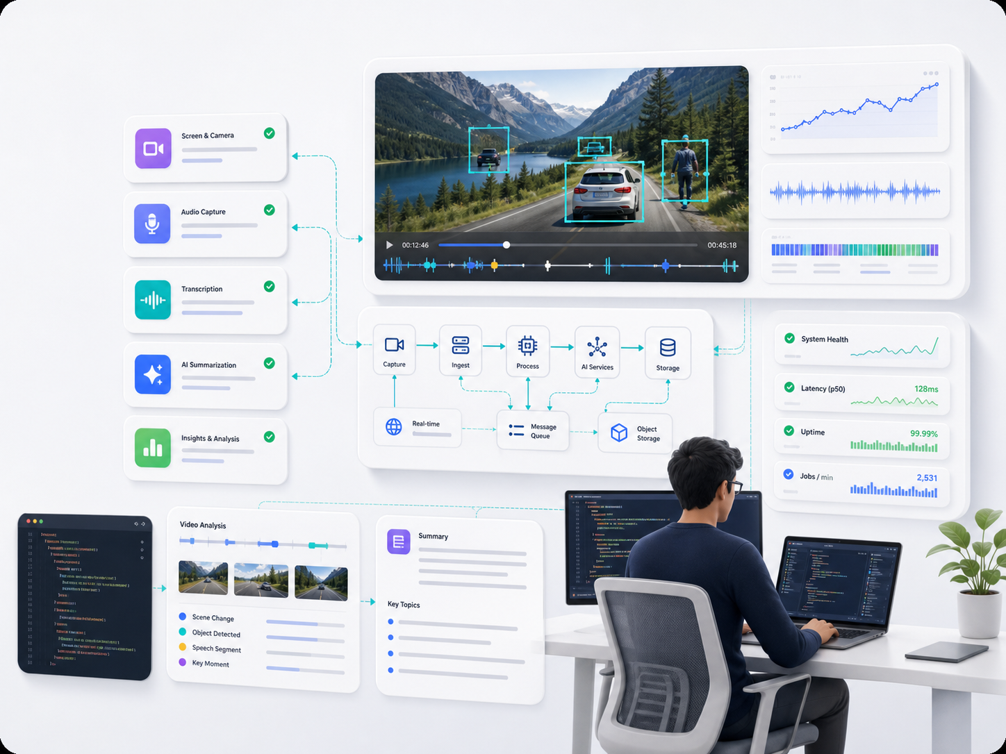 Stylized AI video engineering dashboard with computer vision and product infrastructure panels