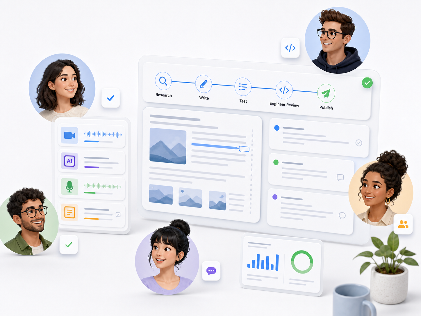 Stylized ScreenApp editorial team avatars reviewing content workflows