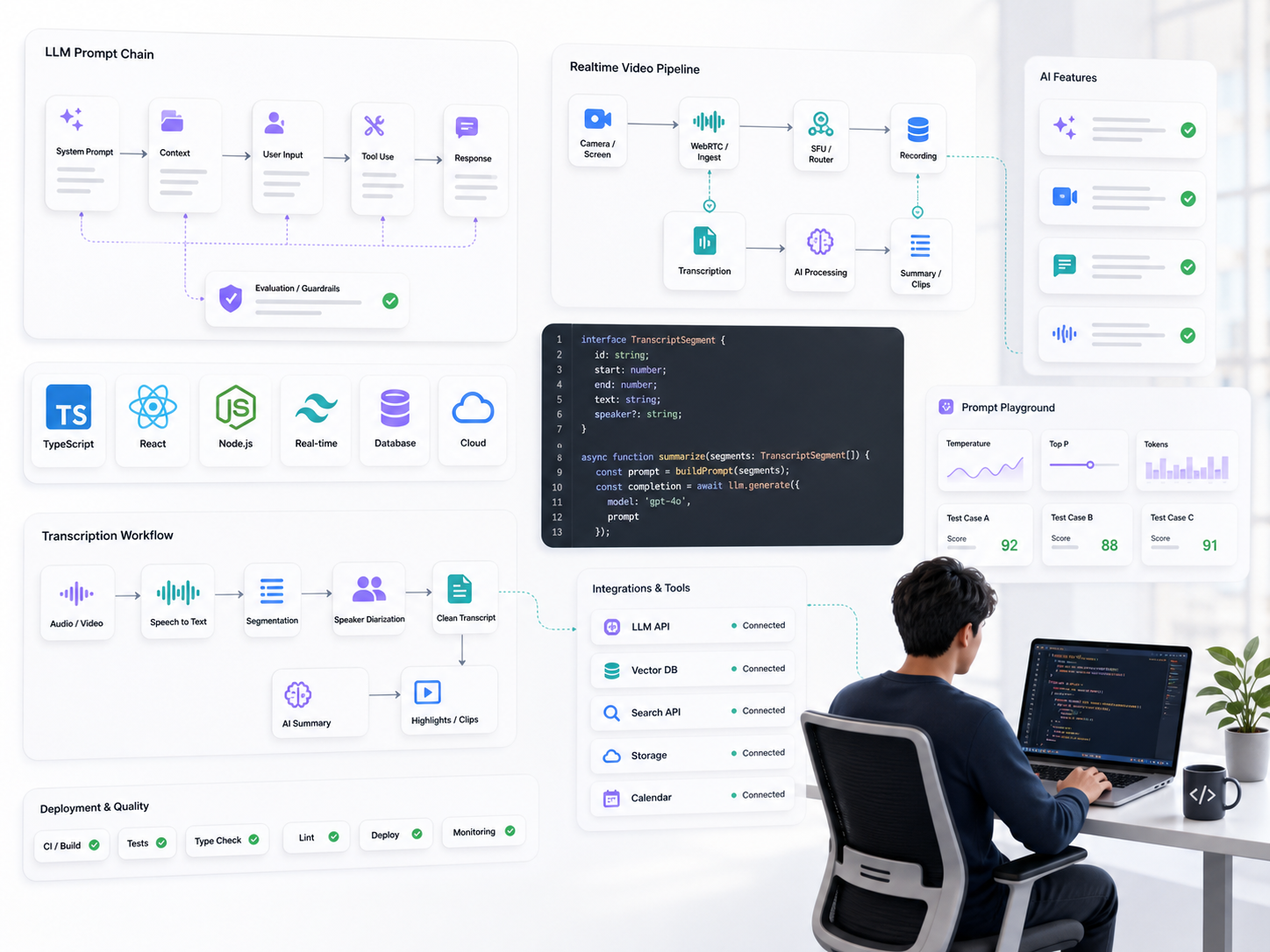 Stylized applied AI engineering dashboard with LLM integrations and real-time video workflow panels